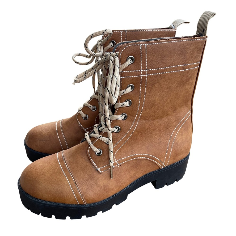 Seven7 Tan Brown Faux Leather Lace Up Combat Boots Lug Sole Size 9